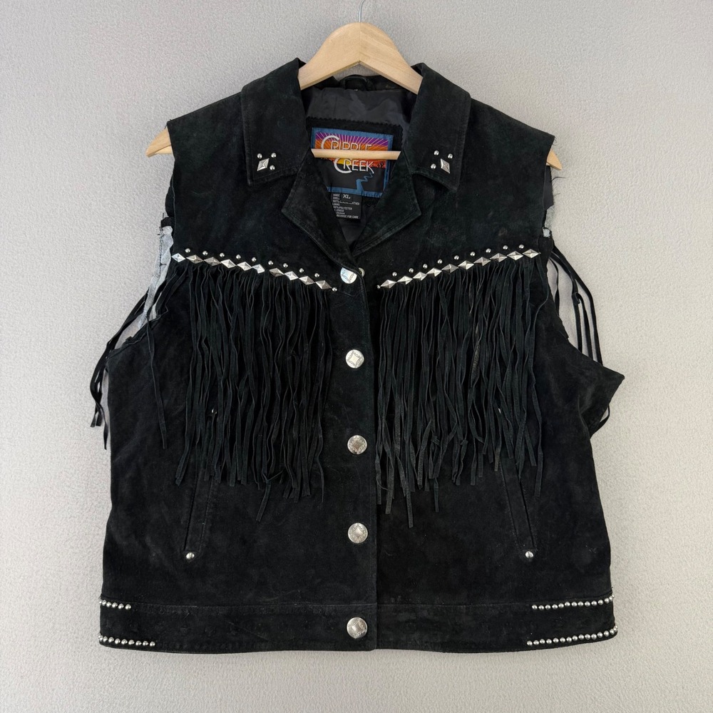 VTG Cripple Creek Fringe Suede Vest Womens XL Black Western Studded Leather Boho
